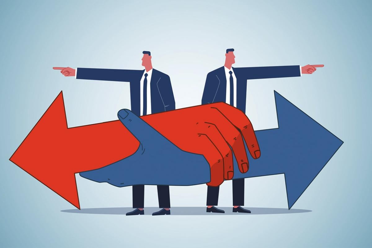 Hands and figures pointing in different directions