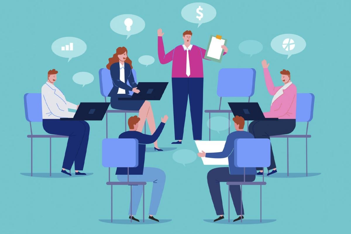 Figures collaborate in a circle with business icons above