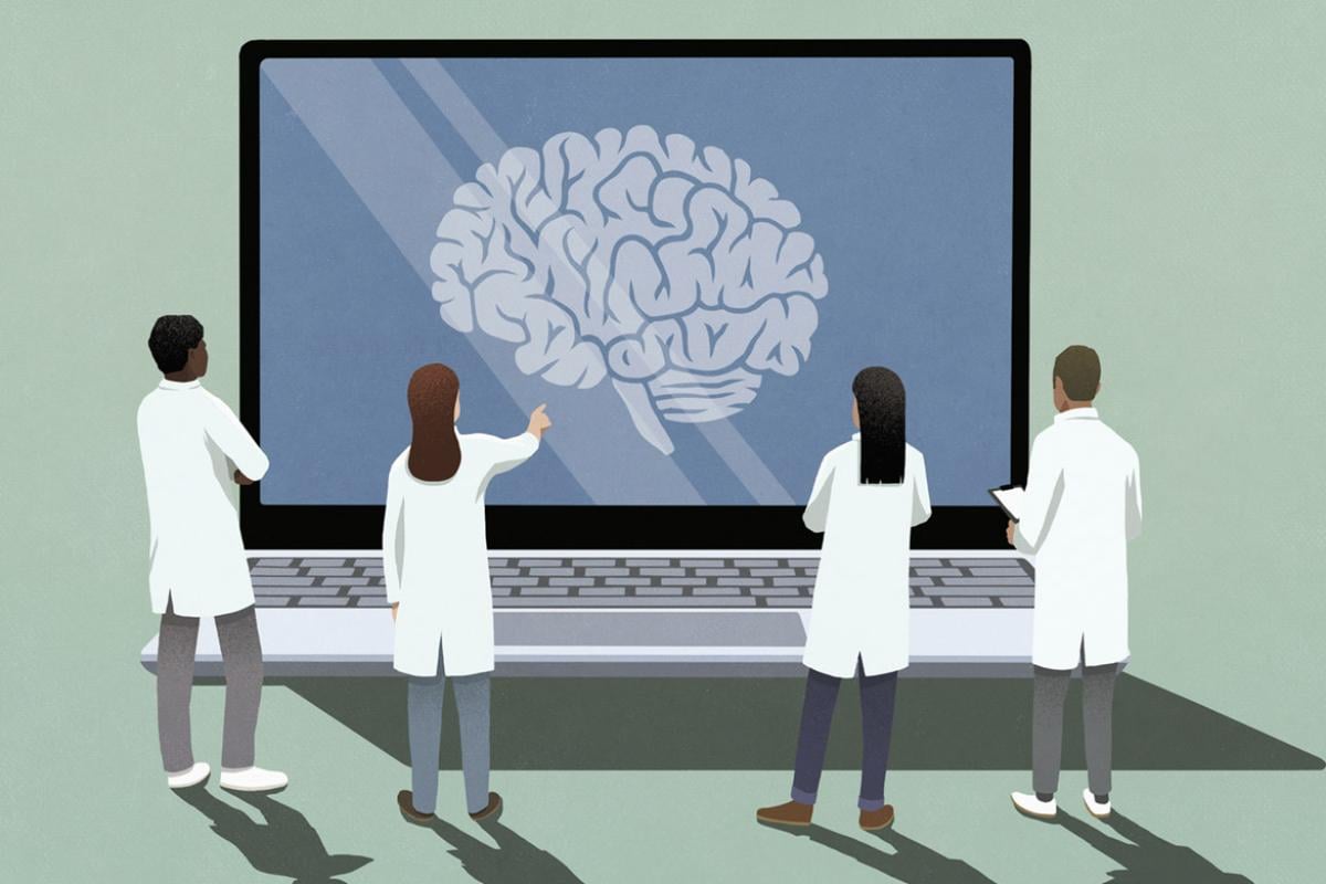 Figures stand in front of a large computer screen showing a human brain