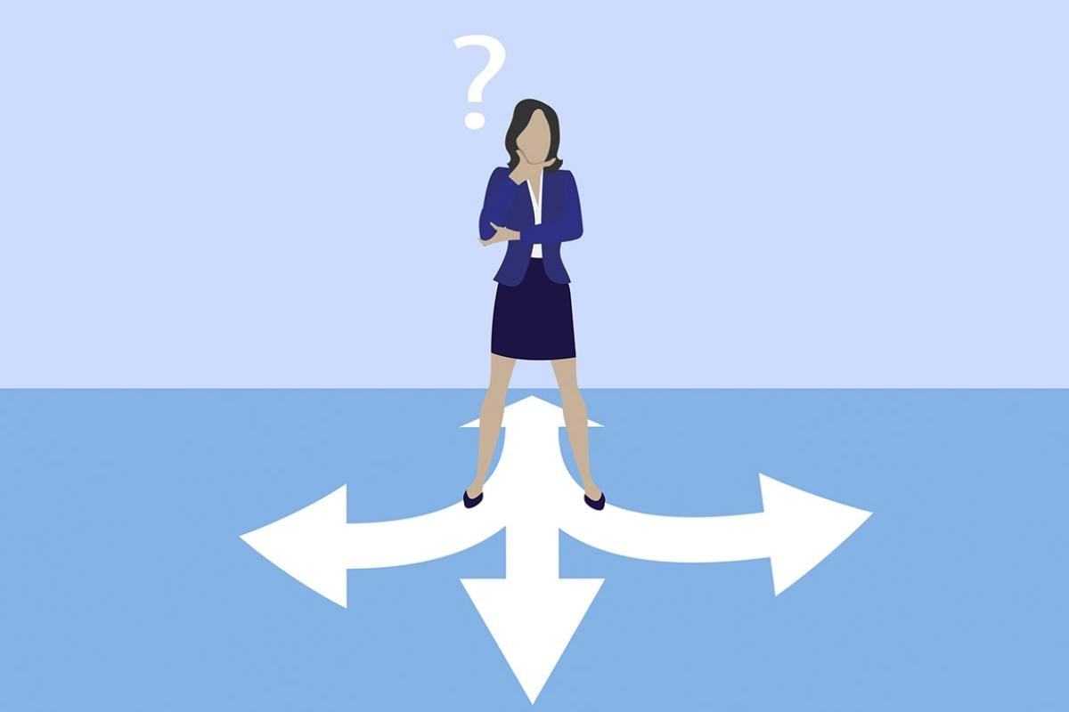 Figure stands in front of arrows pointing in different directions