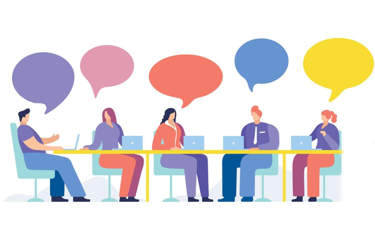 Group of people with speech balloons over heads