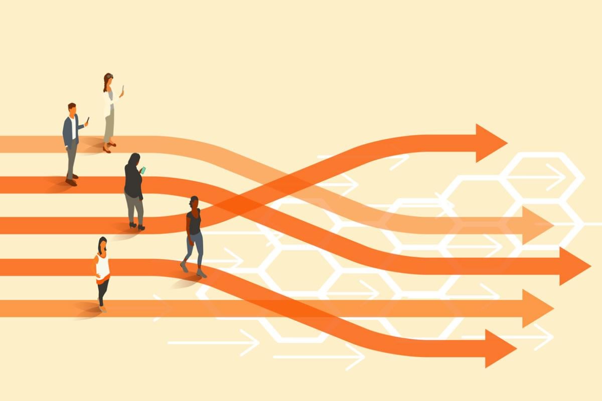 Four people stand at winding paths