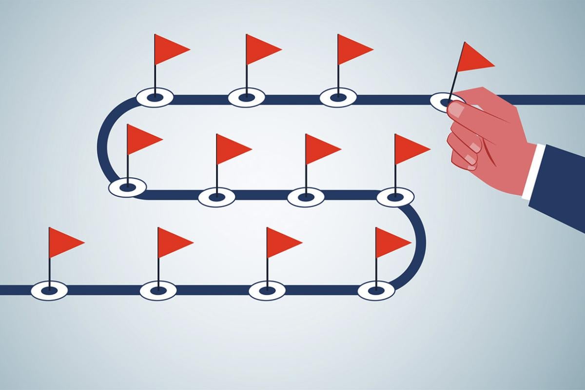Winding road with red flags