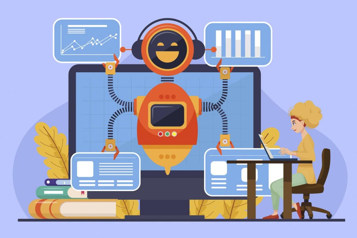 Figure at a desktop accompanied by robot