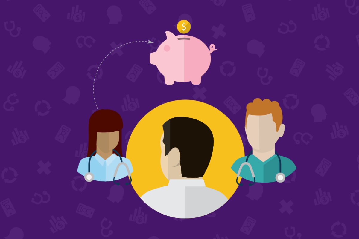Illustration of medical professionals with piggy bank