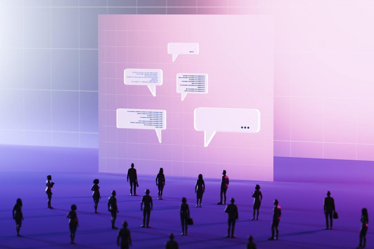 Figures in front of giant text messages