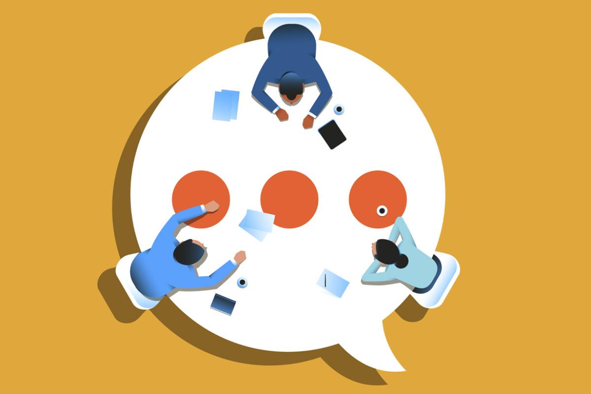 Figures sit at a table shaped like a speech balloon