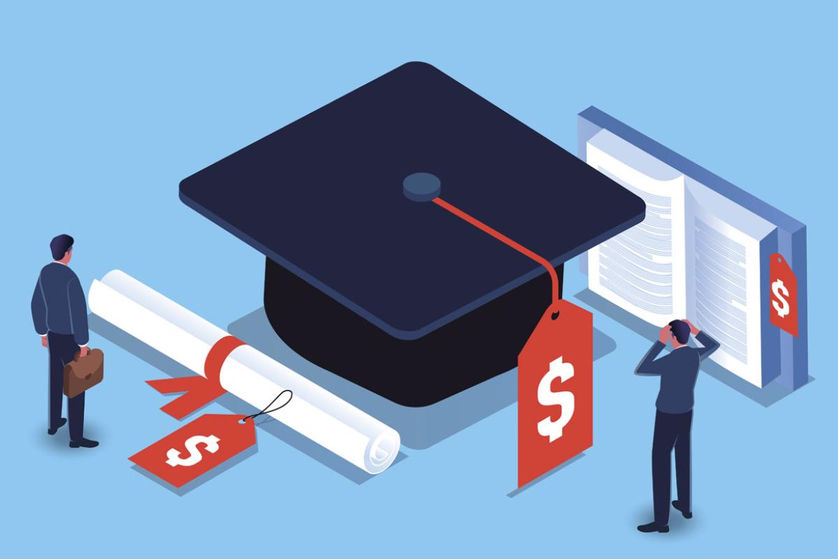 Graduation cap, tassel and diploma with dollar symbols