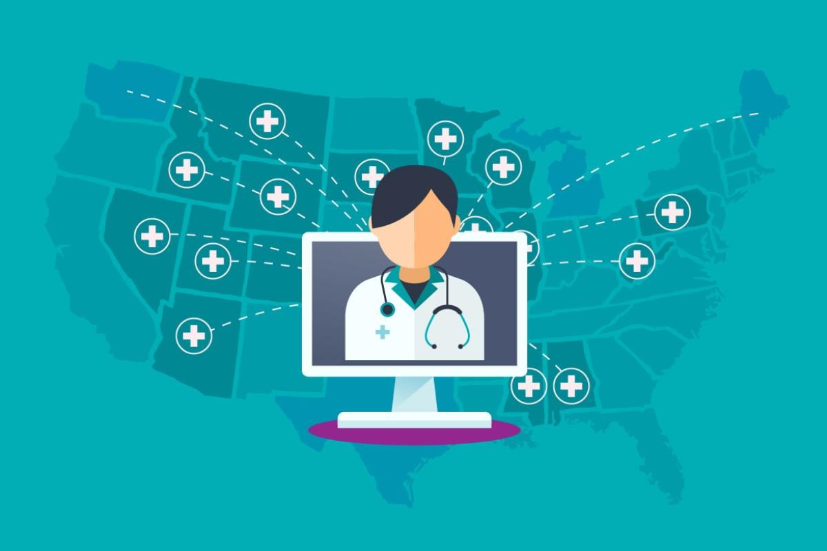 Vector graphic of physician on screen reaching across the United States.