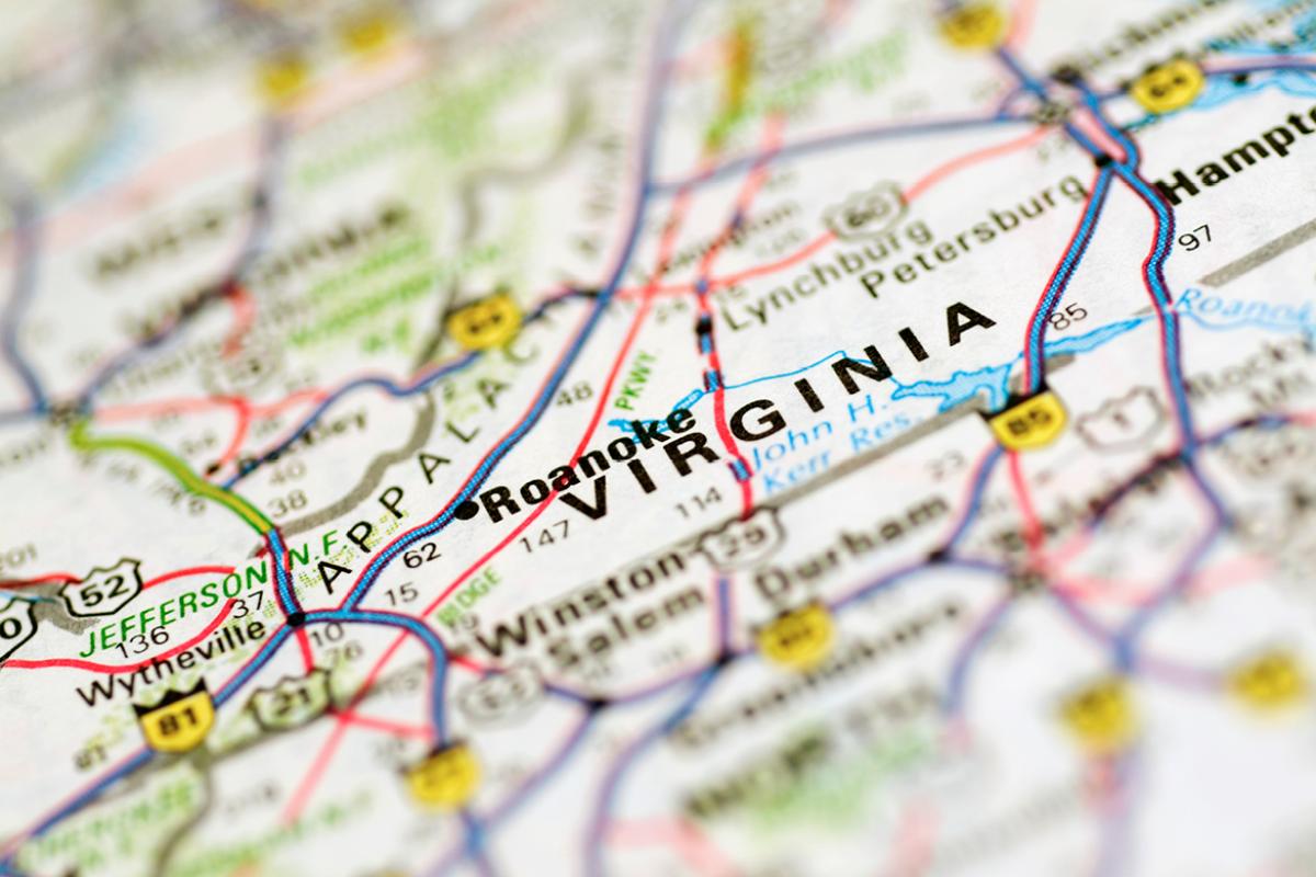 Close-up map of Virginia. 