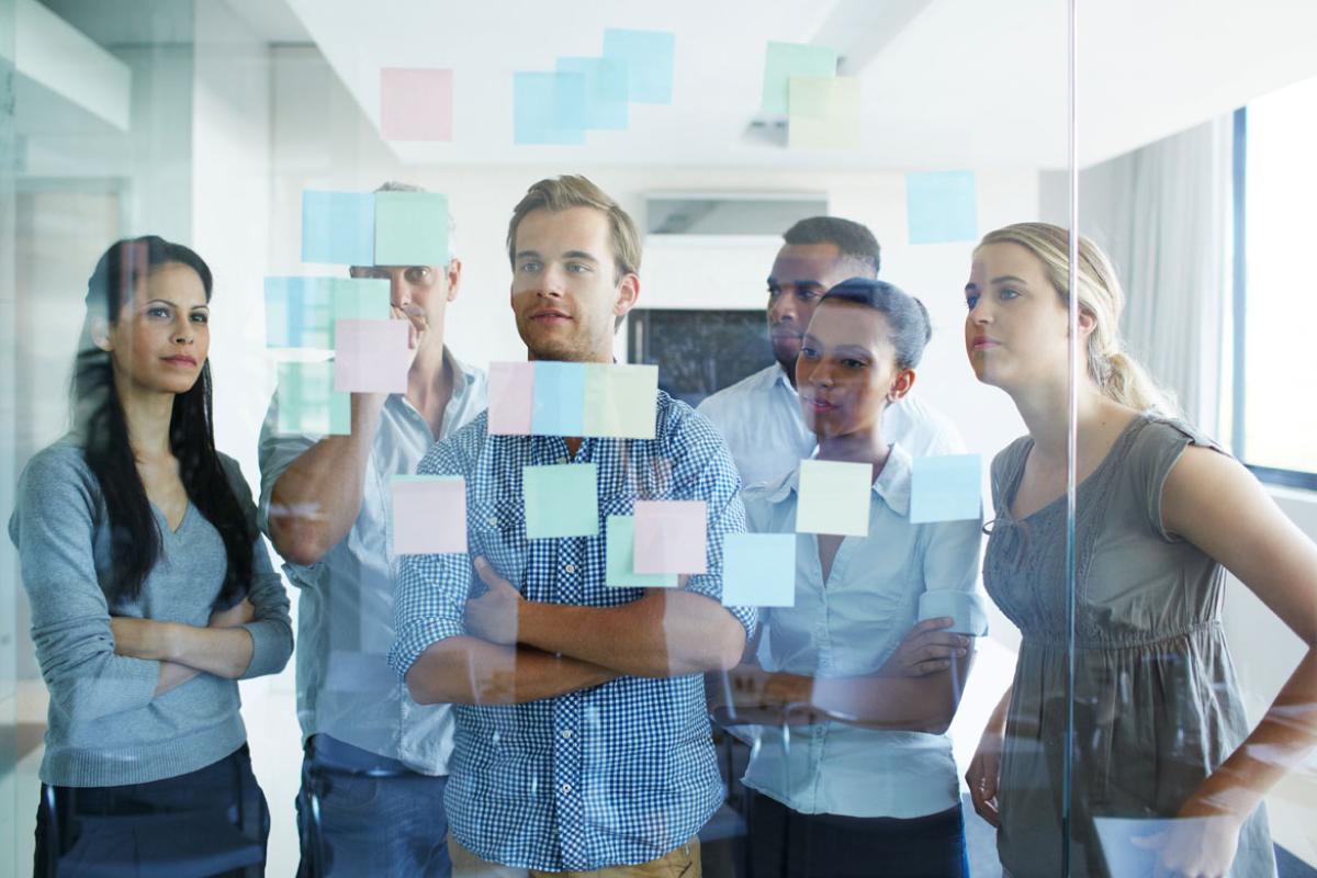 Students studying notes on glass wall. 