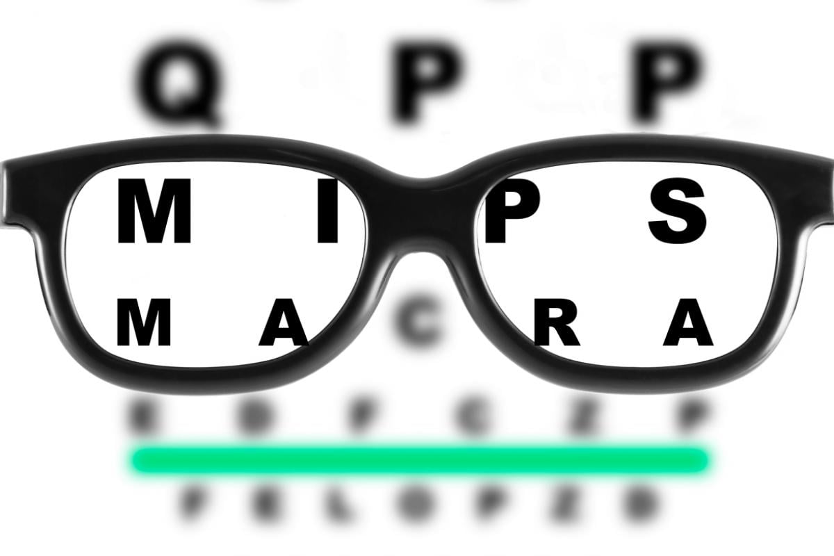 Pair of glasses over an eye chart's letters that spell QPP, MIPS and MACRA