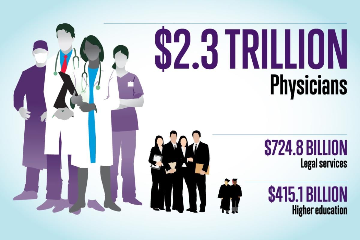 Overall economic output of physicians, lawyers, and higher education graphic