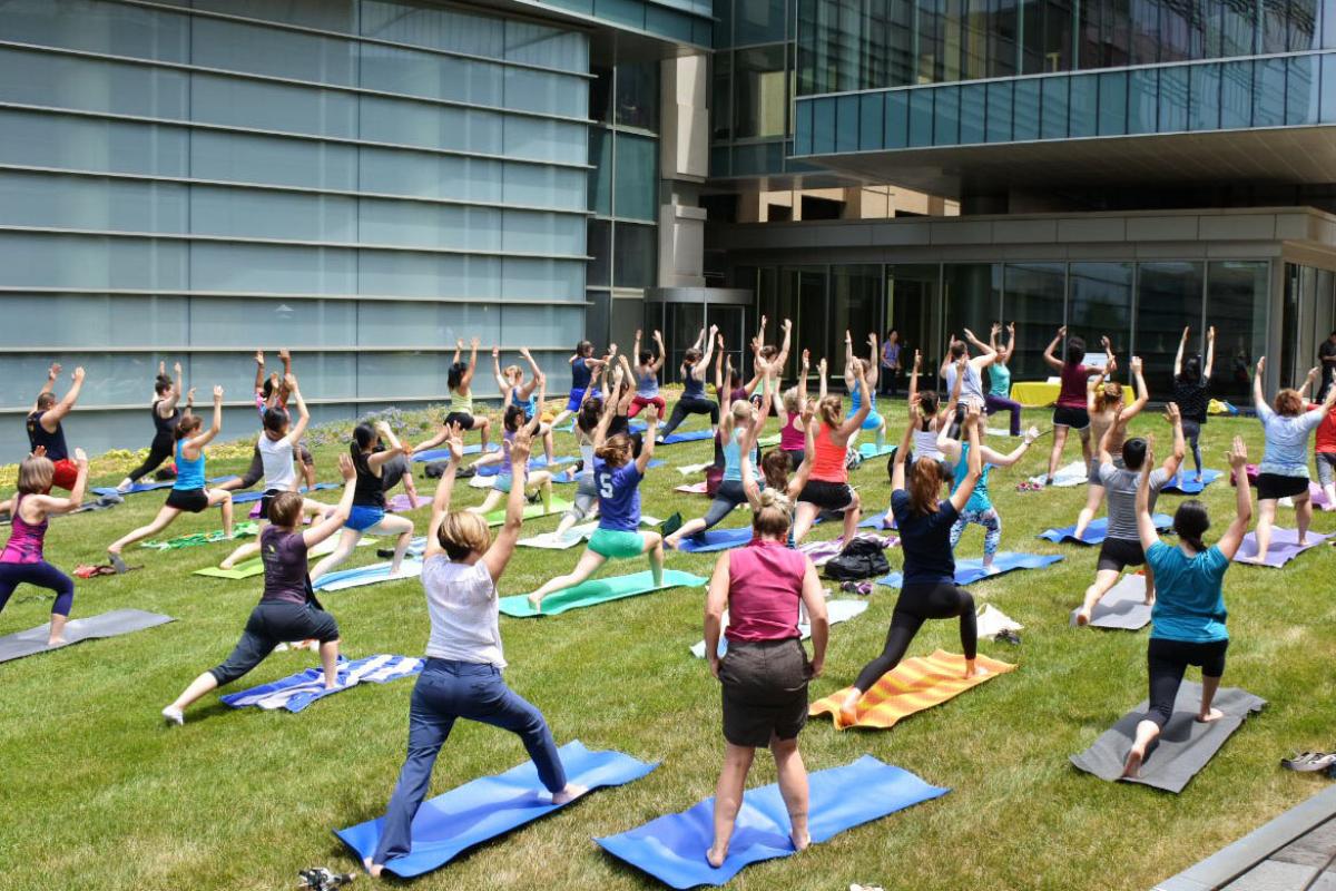 Participants in outdoor yoga session at Johns Hopkins School of Medicine.
