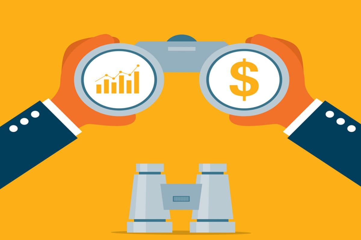A cartoon picture of hands holding binoculars with a dollar sign and bar graph in the eyes. 
