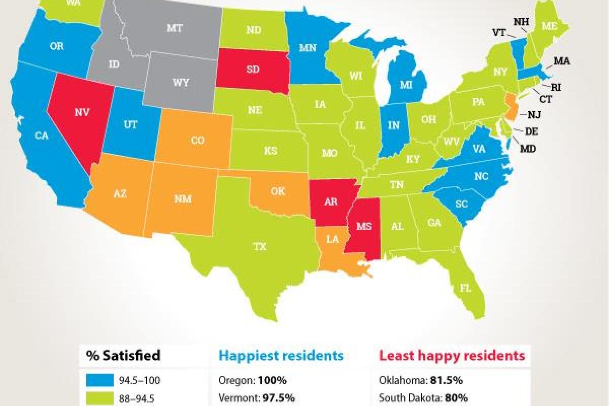 Map of states that have the most satisifed residents