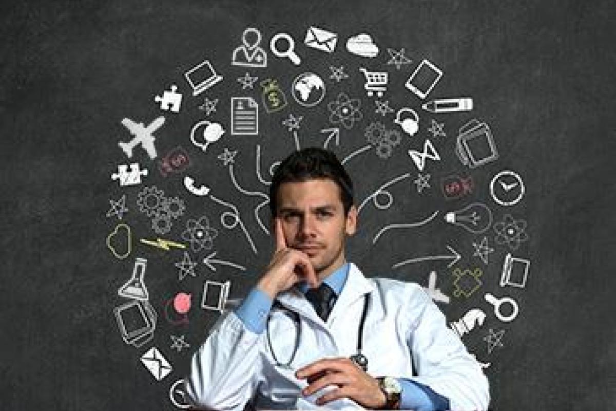 Young male doctor sitting at a desk, with chalk icons symbolizing tasks to remember.