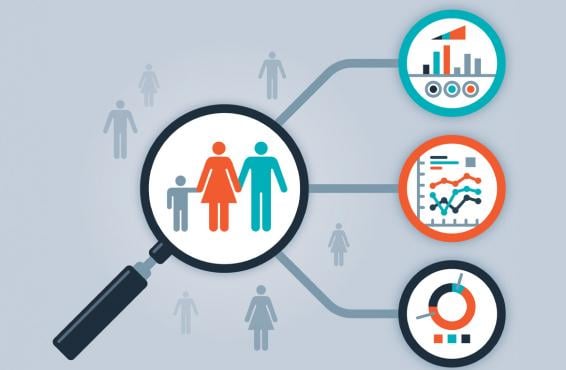 Drawing of magnifying glass showing icons of two adults and a child.