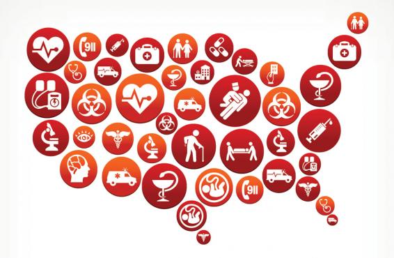 Illustration of the continental United States made up of red and white circular icons representing different aspects of medicine.