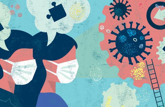 Illustration of two people wearing masks, thinking about puzzle pieces, looking at a cloud of COVID-19.