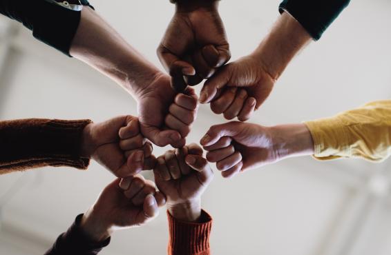 Tight shot of a group of people joining fists in solidarity