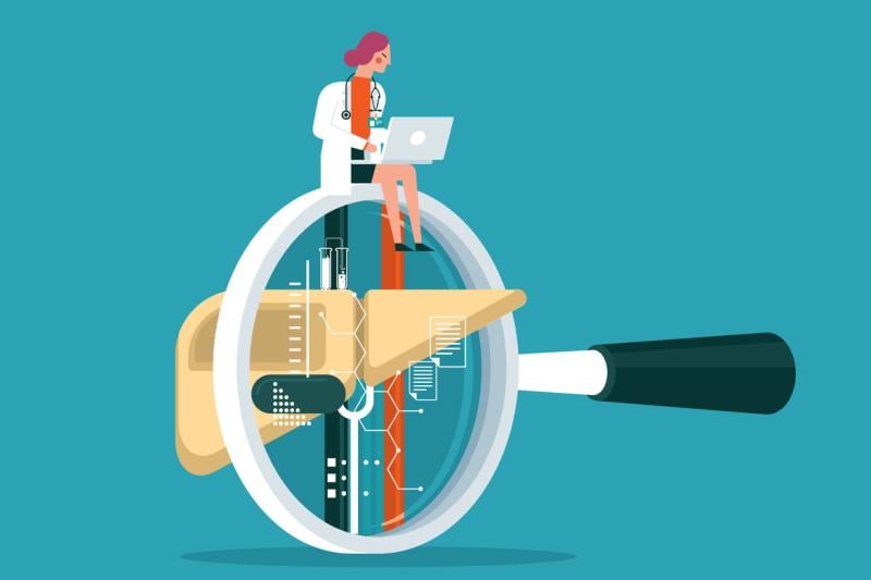 Physician on top of a magnifying glass