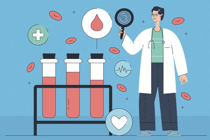 Doctor and three large vials surrounded by medical icons