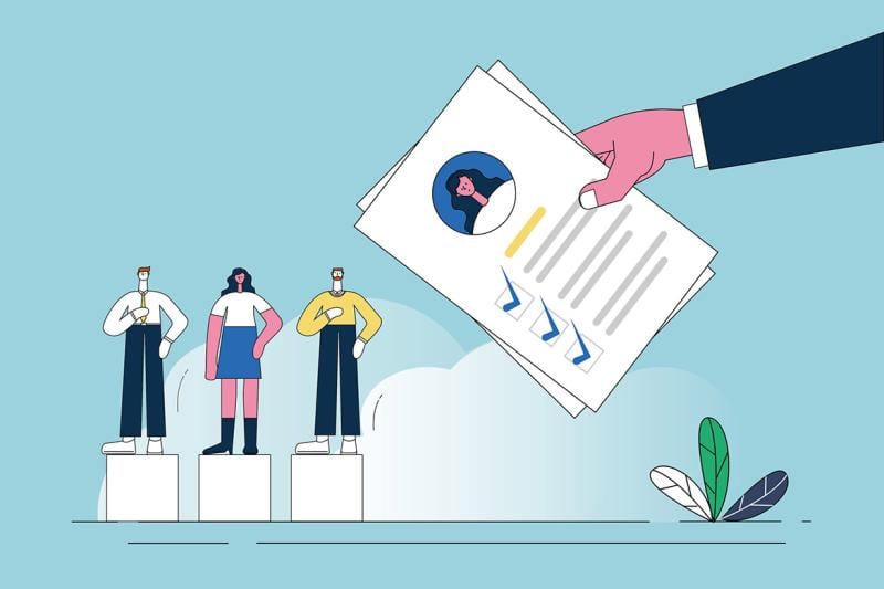 Hand holding a document approaches three figures on pedestals