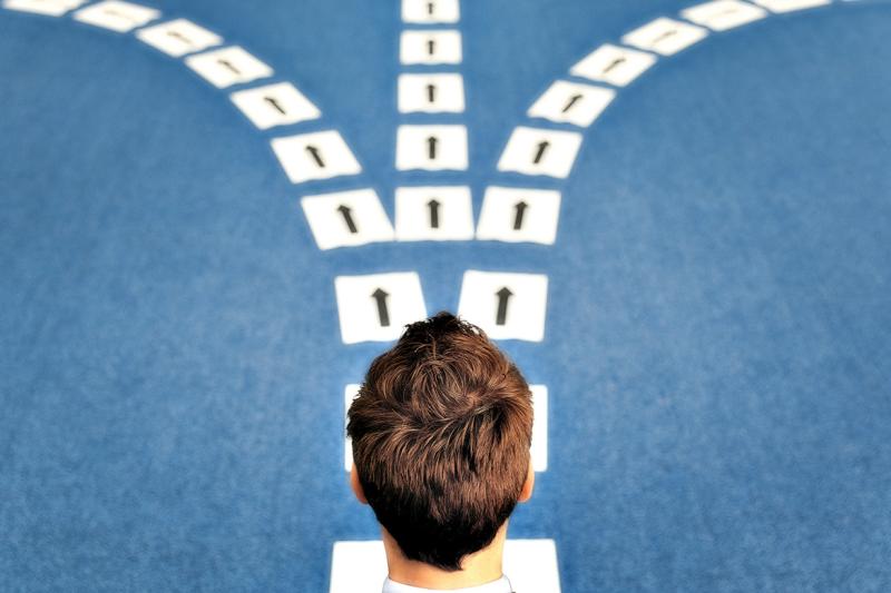 Person stands by diverging paths of arrow signs