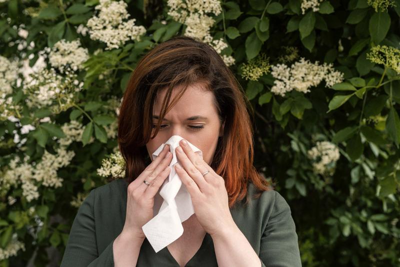 Person sneezes into a handkerchief