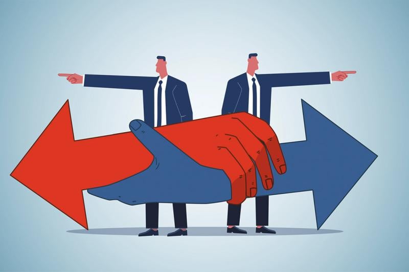 Hands and figures pointing in different directions